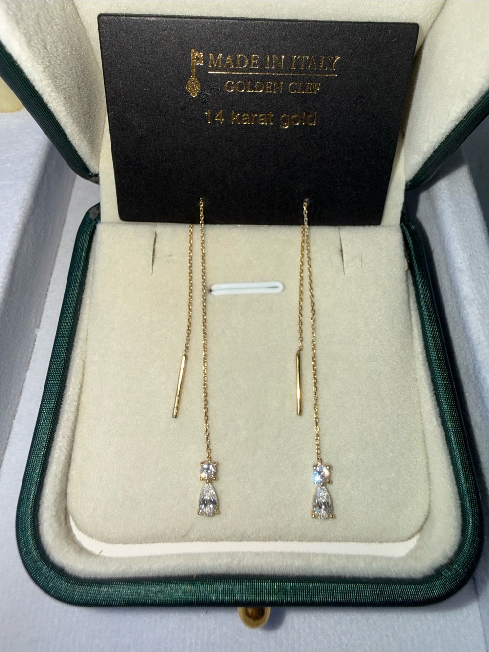 Italian 14K Solid Gold Threader Earrings with CZ Teardrops